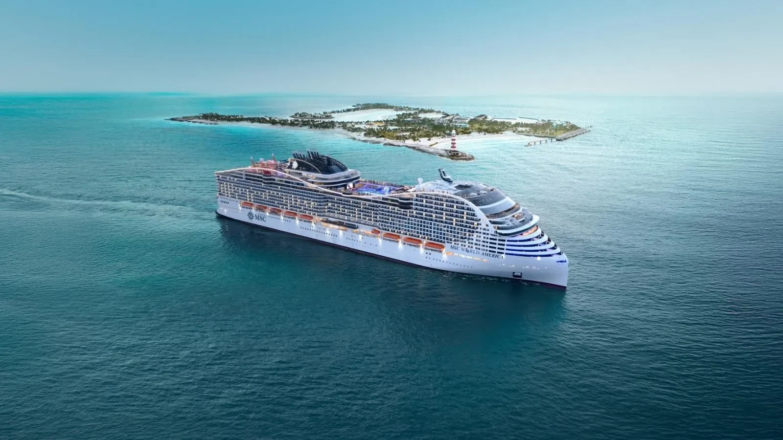 Cruise ship sailing near a tropical island