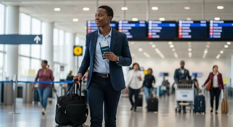Traveller walking through an airport with passport and luggage